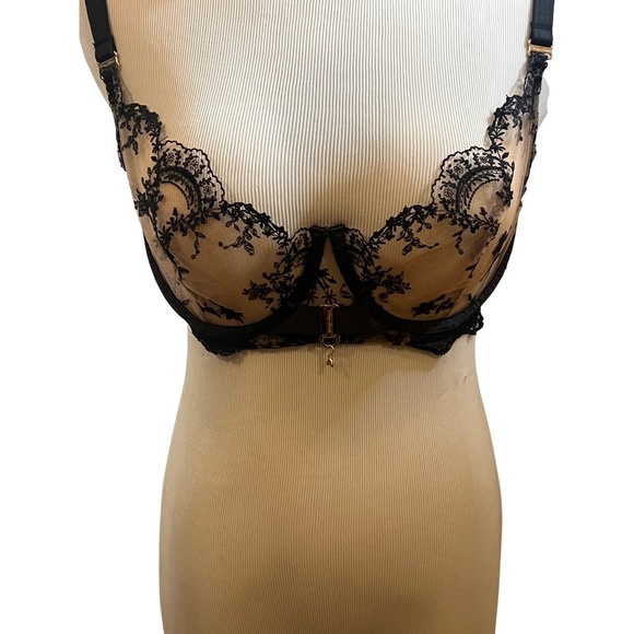 Honey Birdette Laura Black Lace Demi Bra with Gold Charm Detail US 32G UK 32F - Picture 2 of 6